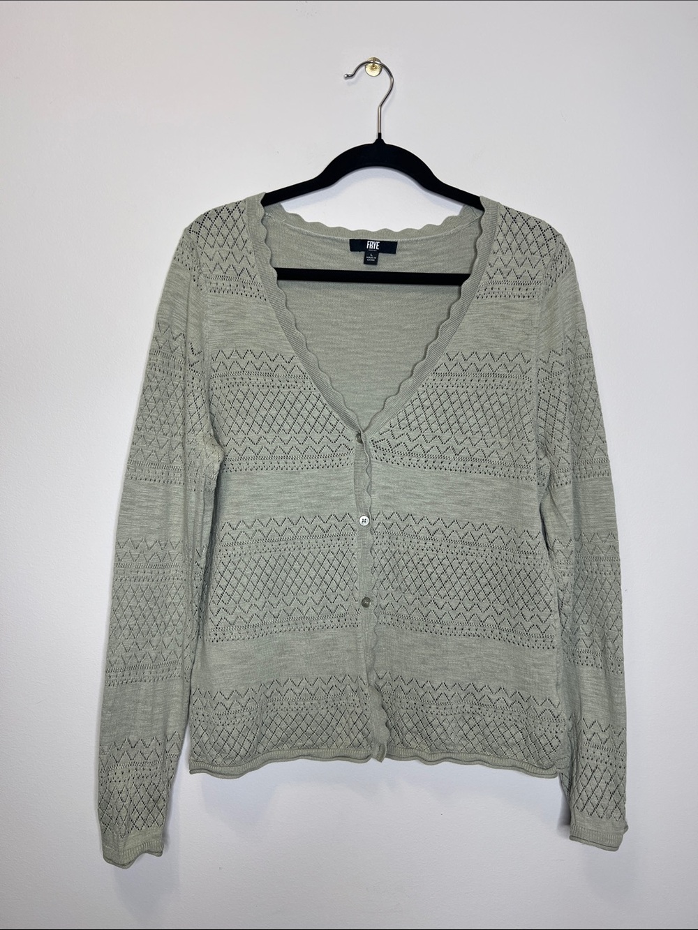 FRYE Light Sage Green V Neck 100% Cotton Cardigan Sweater size Large - Picture 2 of 14
